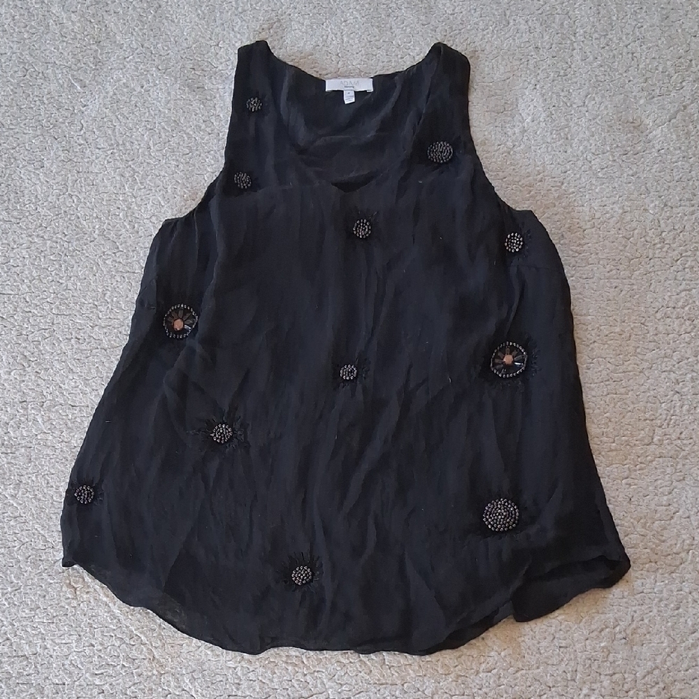 Adam Lippes Silk Black Sleeveless Blouse with Embellishments